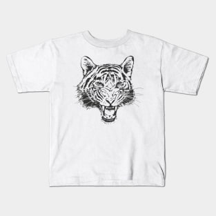 Hand-Drawn Tiger Head Sketch Teeth Growling Outline Kids T-Shirt